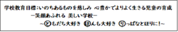 学校教育目標　いのちあるものを慈しみ　心豊かでよりよく生きる児童の育成　笑顔あふれる美しい学校