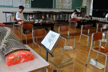 教室でグループ毎に琴を弾いている児童たちの様子