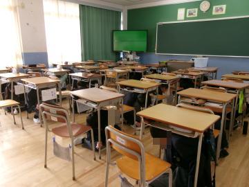教室の机の下に身を隠している生徒達　避難訓練