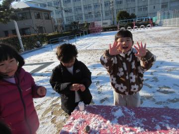 雪が降り、手は冷たくなったが園庭で楽しんでいる園児たちの様子