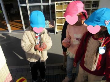 園庭で氷を手に乗せている園児たちの様子