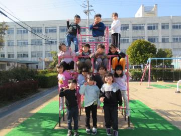 屋外で、5歳児の園児たちがジャングルジムに登って集合写真を撮った様子