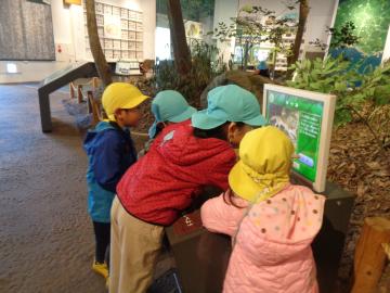 園児が姫路科学館で鳥の鳴き声を調べている