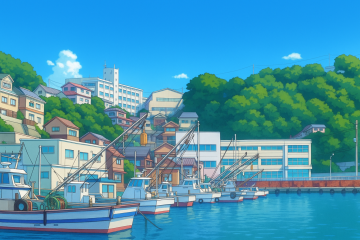 波止場から坊勢中を眺めた絵画です。