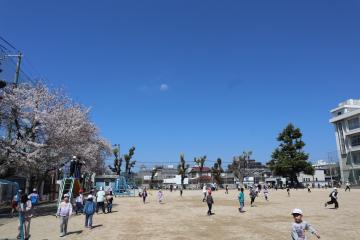 休み時間に運動場で遊んでいる写真