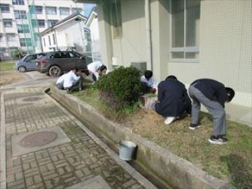 花壇の草を抜く生徒たちの様子