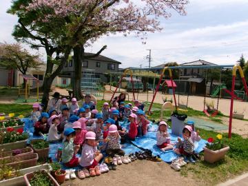 園庭でおやつを食べながらお花見をしている園児たちの様子