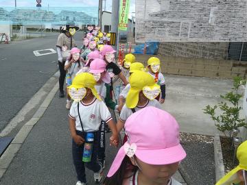 4歳児と5歳児が遠足に行く様子。歩道を歩いています。
