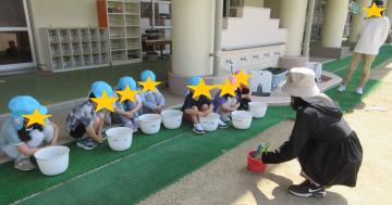 野菜の植え方を教師から聞いている幼児の様子