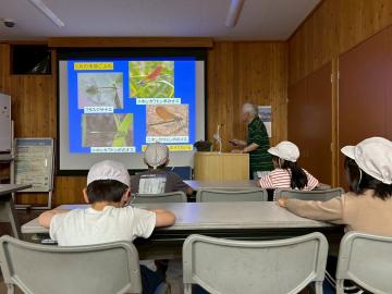 室内で、市川先生より季節の生物について教えてもらっている児童たちの様子