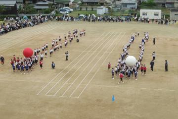 3年4年7年の児童生徒が大玉運びを行っている様子