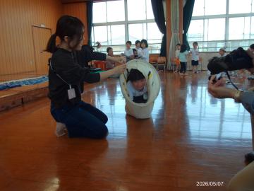 幼児が鯉のぼりの中をくぐっている