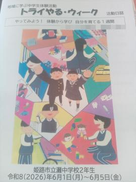 「トライやる・ウィーク」という見出しとともにカラフルな幾何学模様を背景に中学生風の男女が学習や実験や討論に取り組むイラストが配置され下部に姫路市立中学校など開催地と令和8年6月1日から6月5日までの開催日が記載されている