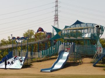 新開公園の大型遊具で遊んでいる