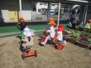屋外の遊び場でヘルメットをかぶった子どもたちが三輪車や遊具で遊んでいる光景