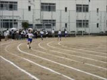 女子100メートル走の選手がゴールへ向かう様子