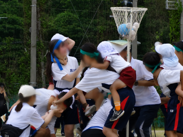 合同運動会で中学生が幼稚園児を背負って玉入れをしている様子です。