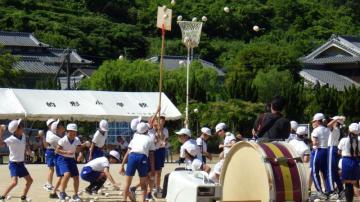 白組が玉入れを行っている様子