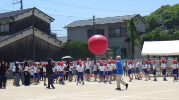 赤組が大玉送りをして、大玉が空中に浮かんでいる様子