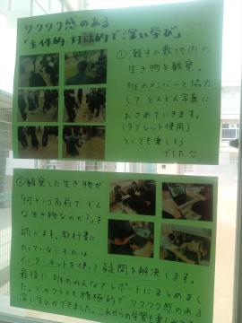 窓に貼られた緑色の用紙二枚に複数の小さな写真と手書き風の日本語の説明文が並んでいる掲示物の写真