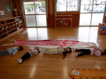 保育室の床に広げられた大きな鯉のぼりの周りで子どもたちが寝転んでいる様子