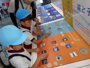 館内で展示物に触れる園児たちの様子