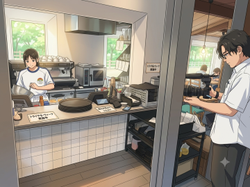 キッチンのカウンター付近で調理や準備をしている数人が写っている写真