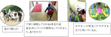 奉仕作業や掃除に汗を流し、きれいな花を咲かせる児童の様子