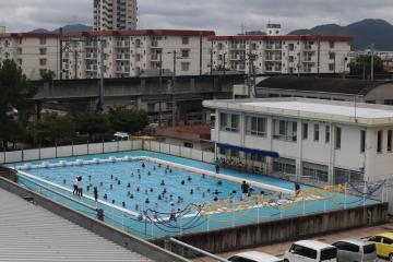 低学年がプールに入っている写真