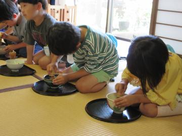 畳の上に正座して茶碗を手に抹茶の点て方を学んでいる数人の子どもたち