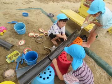 青い帽子をかぶった園児たちが砂場でバケツや道具を使って水や砂を流しながら遊んでいる様子