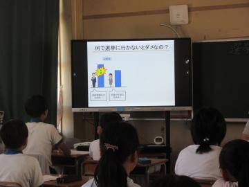 教室で複数の生徒が前方の大型モニターに投票に関するスライドを表示している授業を見ている