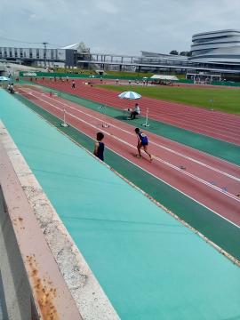 運動場の陸上トラックで数人の走者が走っており周囲に審判や傘の置かれた沿道と学校のような建物が見える風景