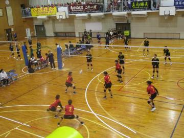 選手たちがネット越しにバレーボールの試合をしている様子