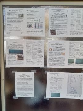 ガラス窓に複数の印刷されたお知らせ用紙がテープで貼られ掲示板のように並んでいる写真