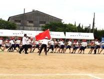 校庭で高学年の紅組の児童たちが綱を引く様子