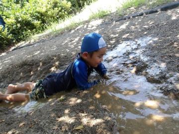 幼児が泥んこ遊びをダイナミックに楽しむ様子