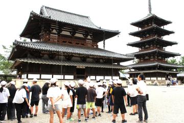 法隆寺の金堂と五重塔を眺める様子