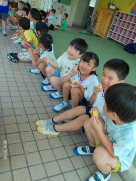 収穫したトウモロコシを食べている様子