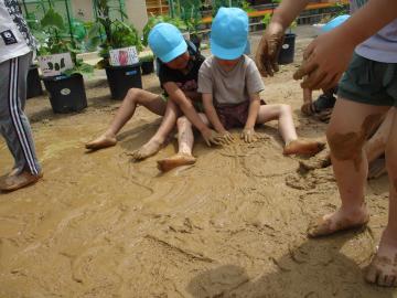5歳児が、園庭でどろんこ遊びをしている様子