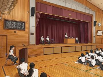 体育館の舞台の演壇に立つ人と数人の登壇者を前に床に座って話を聞く生徒たちが並ぶ様子