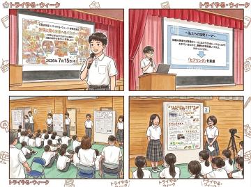 体育館で発表をする生徒たちの四つの場面を描いたイラストでスクリーンや掲示物を用いて説明する発表風景と聞く生徒たちの様子が示されている