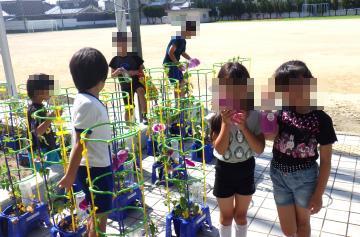 色水を作って喜んでいる児童二人とその周りにいる児童たち