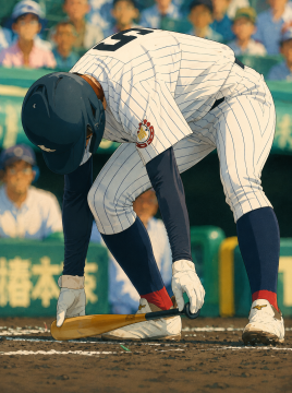 甲子園球場でバットを丁寧に置いて一塁に進む様子です。