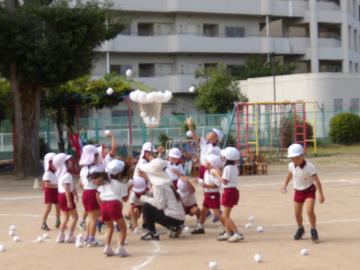 4，5歳児が玉入れをしている様子（白組）