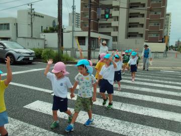 園児が手を繋いで、横断歩道を歩いている様子。