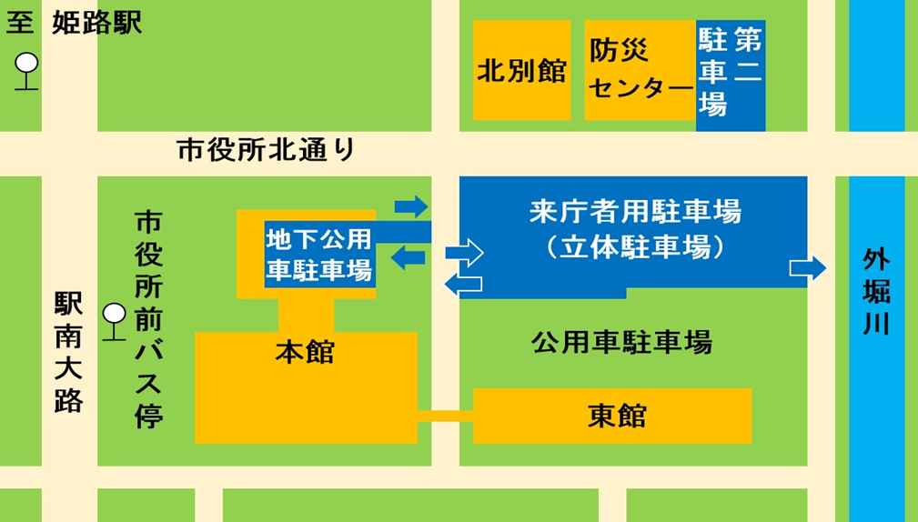 立体駐車場のほか、防災センター東隣りに第二駐車場、本館地下に地下駐車場があります