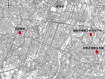 見野古墳群、豆田遺跡、埋蔵文化財センターの位置図